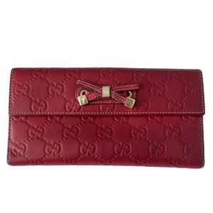 Gucci Guccissima Red Leather Continental Wallet w/ Bow Detail